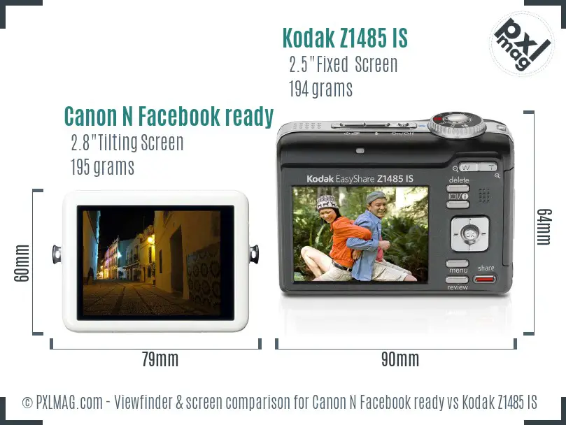 Canon N Facebook ready vs Kodak Z1485 IS Screen and Viewfinder comparison