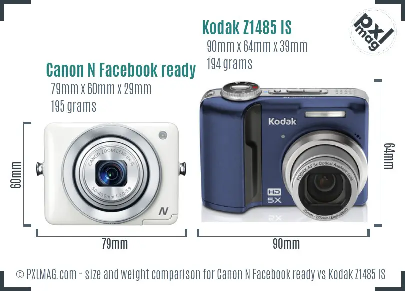 Canon N Facebook ready vs Kodak Z1485 IS size comparison