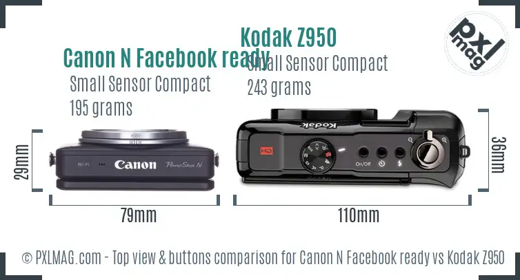 Canon N Facebook ready vs Kodak Z950 top view buttons comparison Canon N Facebook ready vs Kodak Z950 top view buttons comparison