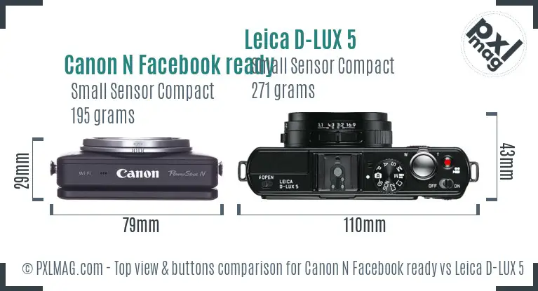 Canon N Facebook ready vs Leica D-LUX 5 top view buttons comparison