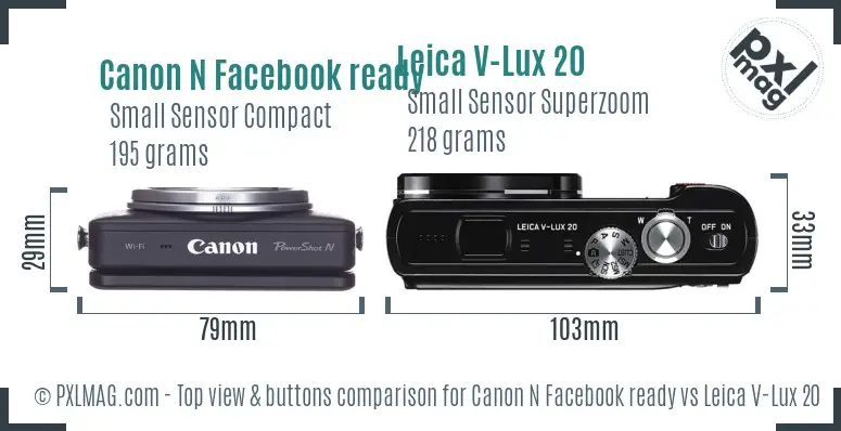 Canon N Facebook ready vs Leica V-Lux 20 top view buttons comparison