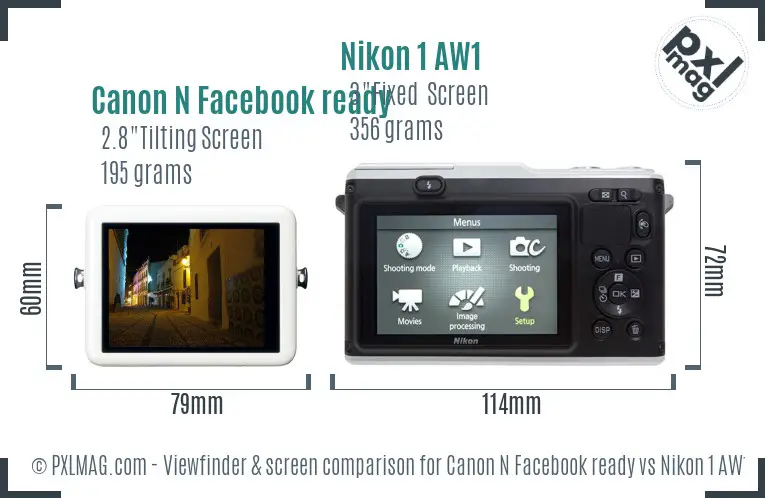 Canon N Facebook ready vs Nikon 1 AW1 Screen and Viewfinder comparison