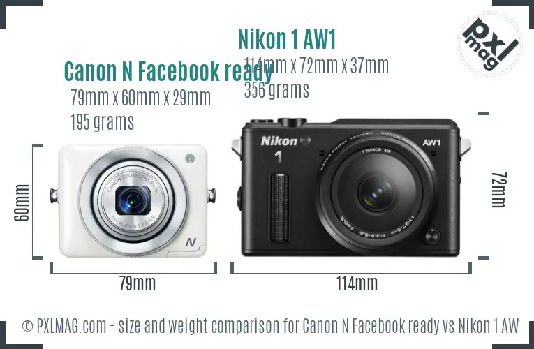 Canon N Facebook ready vs Nikon 1 AW1 size comparison