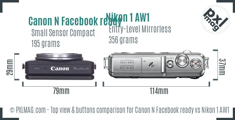 Canon N Facebook ready vs Nikon 1 AW1 top view buttons comparison
