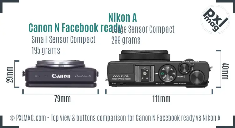 Canon N Facebook ready vs Nikon A top view buttons comparison