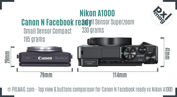 Canon N Facebook ready vs Nikon A1000 top view buttons comparison Canon N Facebook ready vs Nikon A1000 top view buttons comparison