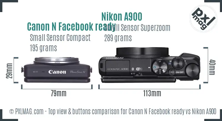 Canon N Facebook ready vs Nikon A900 top view buttons comparison Canon N Facebook ready vs Nikon A900 top view buttons comparison