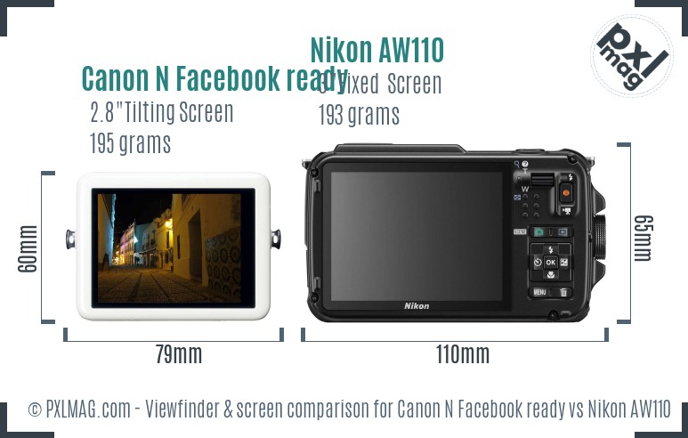 Canon N Facebook ready vs Nikon AW110 Screen and Viewfinder comparison