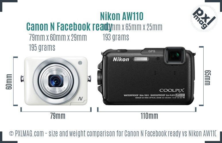 Canon N Facebook ready vs Nikon AW110 size comparison Canon N Facebook ready vs Nikon AW110 size comparison