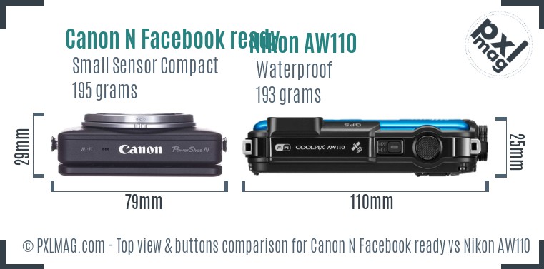 Canon N Facebook ready vs Nikon AW110 top view buttons comparison