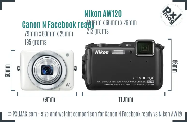 Canon N Facebook ready vs Nikon AW120 size comparison
