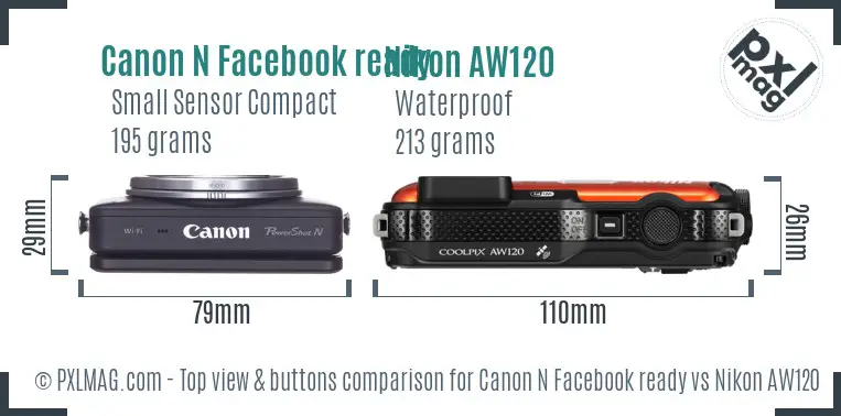 Canon N Facebook ready vs Nikon AW120 top view buttons comparison