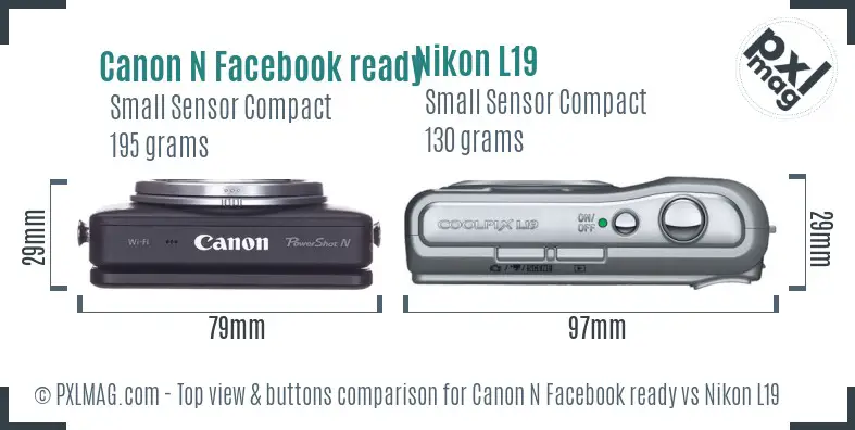 Canon N Facebook ready vs Nikon L19 top view buttons comparison Canon N Facebook ready vs Nikon L19 top view buttons comparison