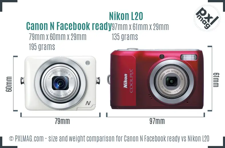 Canon N Facebook ready vs Nikon L20 size comparison
