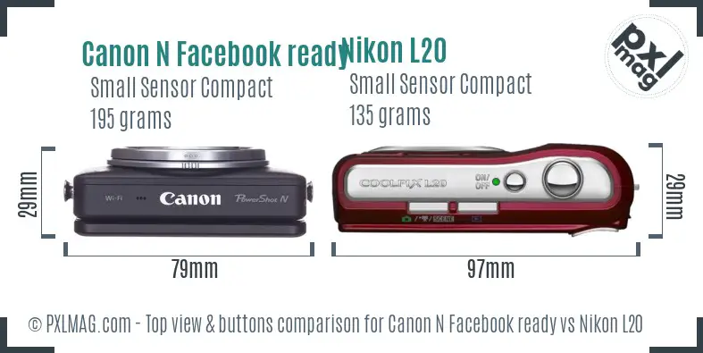 Canon N Facebook ready vs Nikon L20 top view buttons comparison