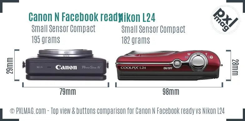 Canon N Facebook ready vs Nikon L24 top view buttons comparison