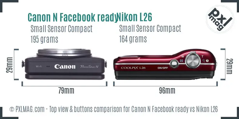 Canon N Facebook ready vs Nikon L26 top view buttons comparison