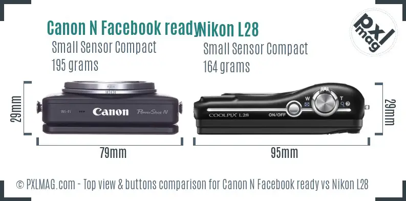 Canon N Facebook ready vs Nikon L28 top view buttons comparison