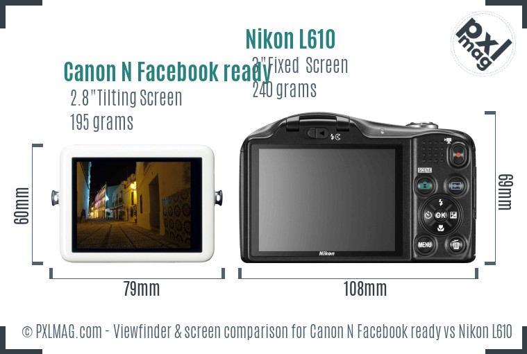 Canon N Facebook ready vs Nikon L610 Screen and Viewfinder comparison