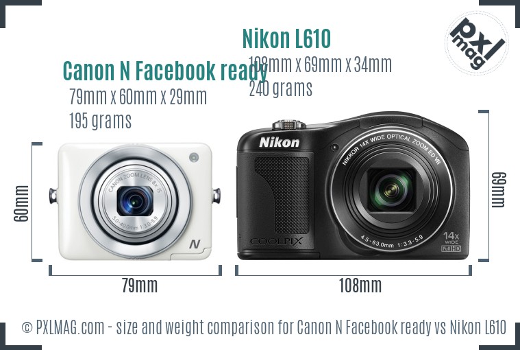 Canon N Facebook ready vs Nikon L610 size comparison