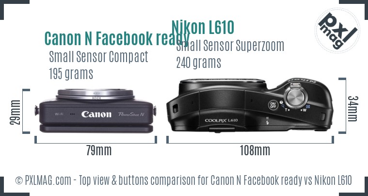 Canon N Facebook ready vs Nikon L610 top view buttons comparison