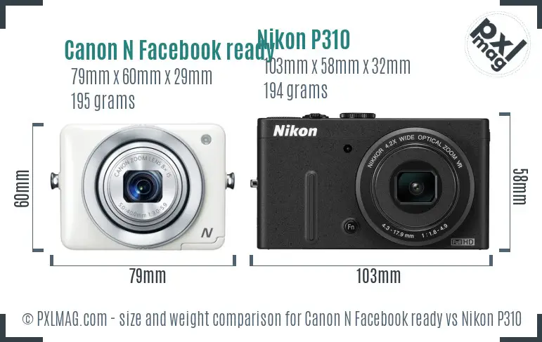 Canon N Facebook ready vs Nikon P310 size comparison