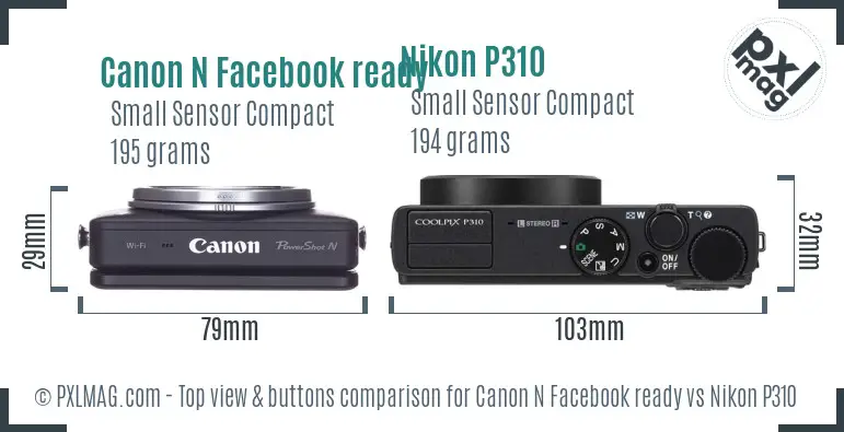 Canon N Facebook ready vs Nikon P310 top view buttons comparison