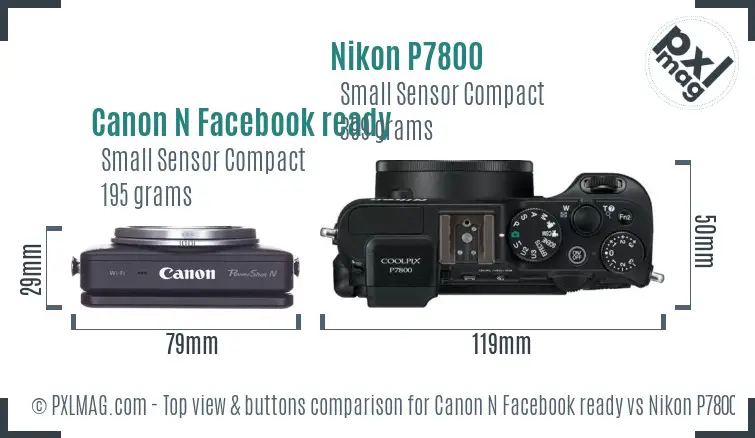 Canon N Facebook ready vs Nikon P7800 top view buttons comparison