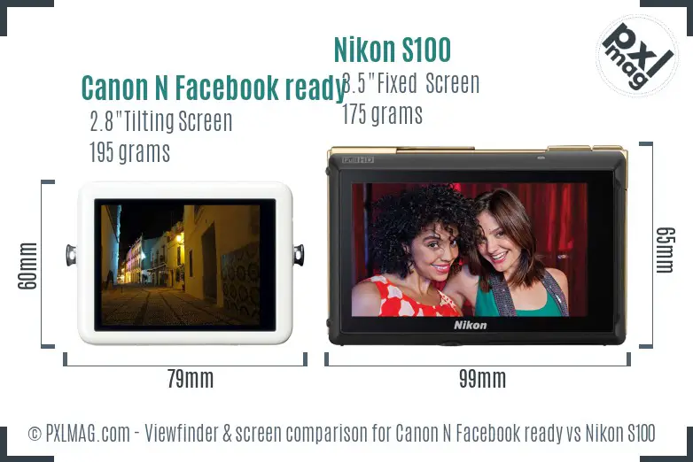 Canon N Facebook ready vs Nikon S100 Screen and Viewfinder comparison