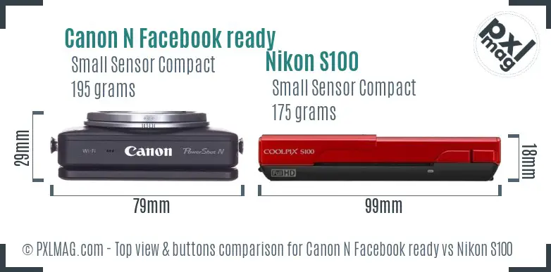 Canon N Facebook ready vs Nikon S100 top view buttons comparison