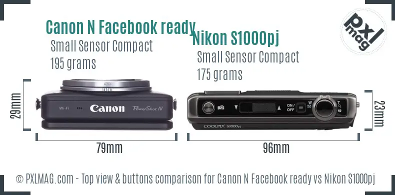 Canon N Facebook ready vs Nikon S1000pj top view buttons comparison