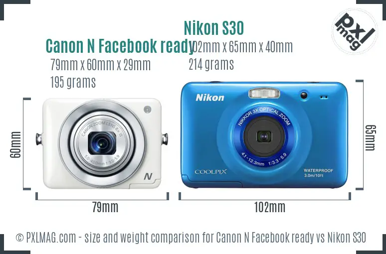 Canon N Facebook ready vs Nikon S30 size comparison