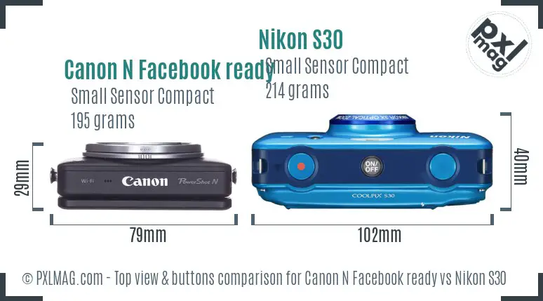 Canon N Facebook ready vs Nikon S30 top view buttons comparison