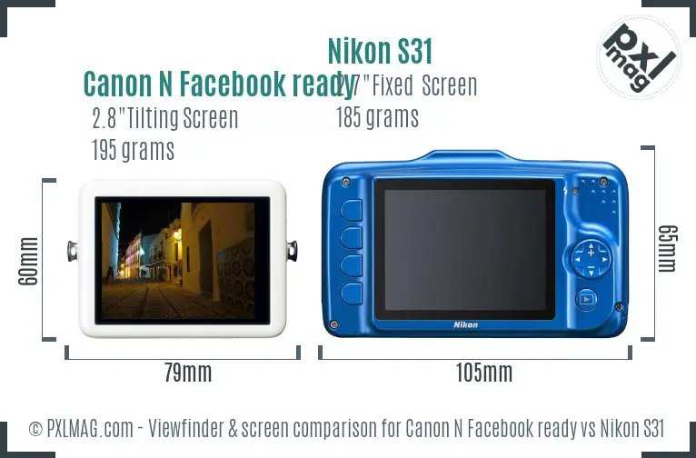 Canon N Facebook ready vs Nikon S31 Screen and Viewfinder comparison