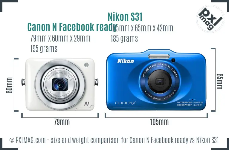 Canon N Facebook ready vs Nikon S31 size comparison
