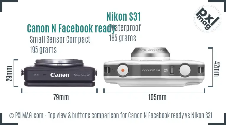 Canon N Facebook ready vs Nikon S31 top view buttons comparison
