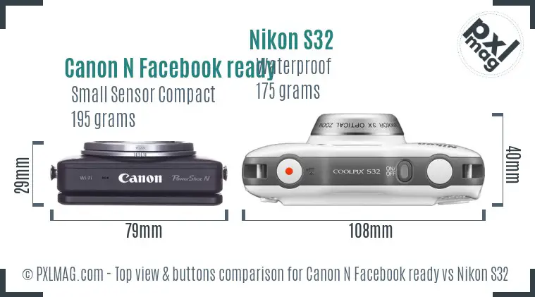 Canon N Facebook ready vs Nikon S32 top view buttons comparison