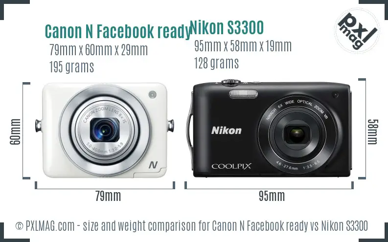 Canon N Facebook ready vs Nikon S3300 size comparison