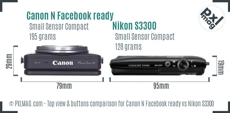 Canon N Facebook ready vs Nikon S3300 top view buttons comparison