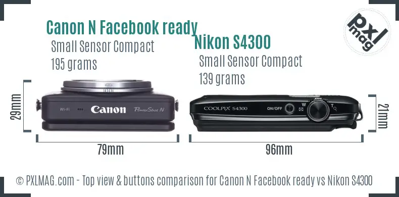Canon N Facebook ready vs Nikon S4300 top view buttons comparison