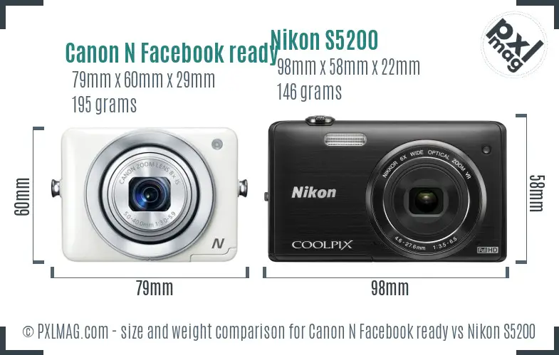 Canon N Facebook ready vs Nikon S5200 size comparison