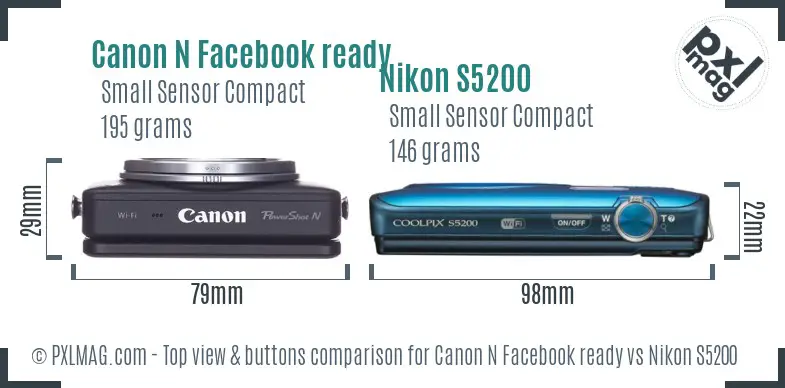 Canon N Facebook ready vs Nikon S5200 top view buttons comparison