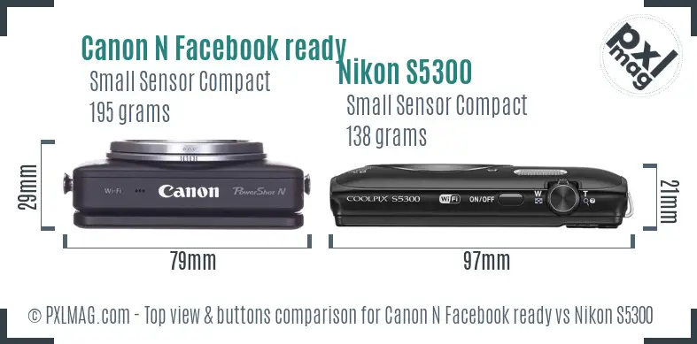 Canon N Facebook ready vs Nikon S5300 top view buttons comparison