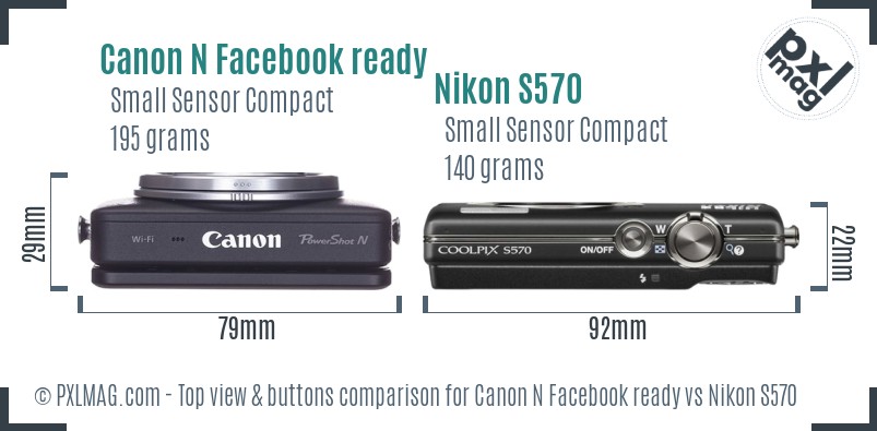 Canon N Facebook ready vs Nikon S570 top view buttons comparison