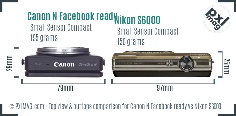 Canon N Facebook ready vs Nikon S6000 top view buttons comparison