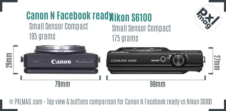 Canon N Facebook ready vs Nikon S6100 top view buttons comparison Canon N Facebook ready vs Nikon S6100 top view buttons comparison