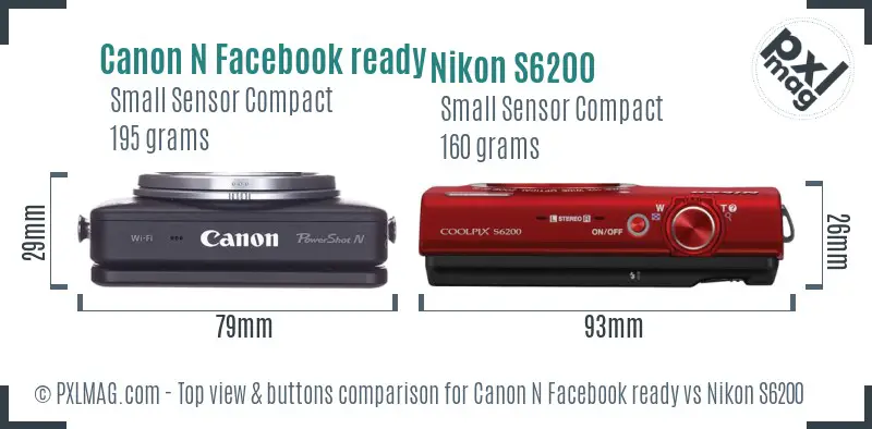 Canon N Facebook ready vs Nikon S6200 top view buttons comparison