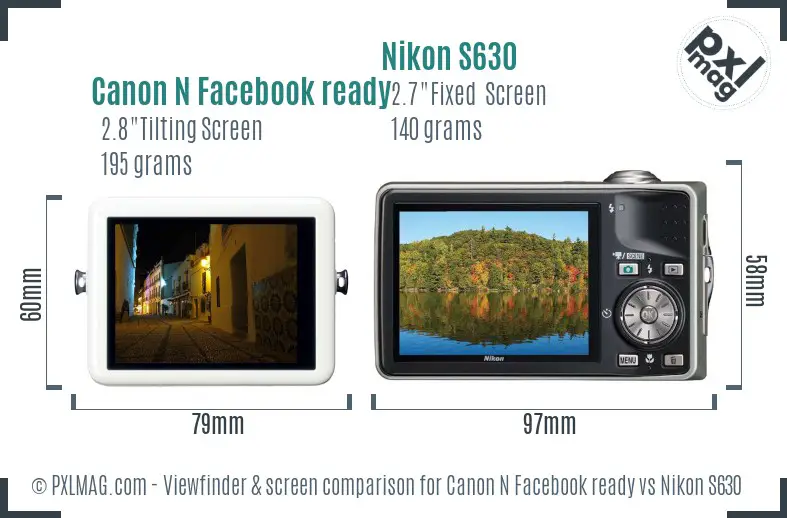 Canon N Facebook ready vs Nikon S630 Screen and Viewfinder comparison