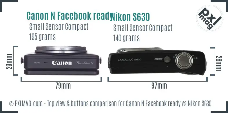 Canon N Facebook ready vs Nikon S630 top view buttons comparison