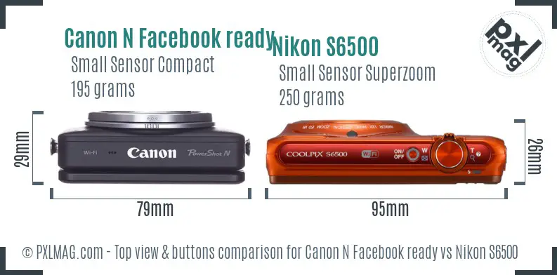 Canon N Facebook ready vs Nikon S6500 top view buttons comparison